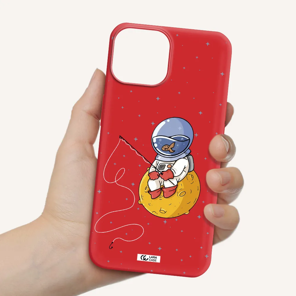 a cartoon of an astronaut sitting on a moon Apple iPhone 13 Silicone Imperial Red Case