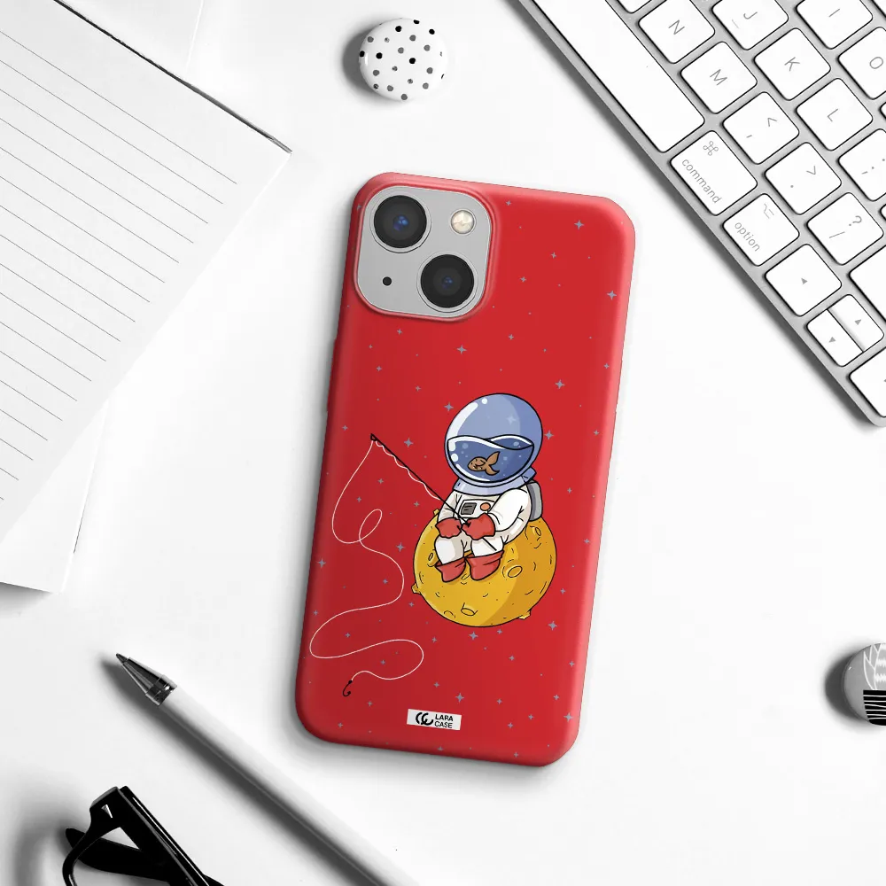 a cartoon of an astronaut sitting on a moon Apple iPhone 13 Silicone Imperial Red Case