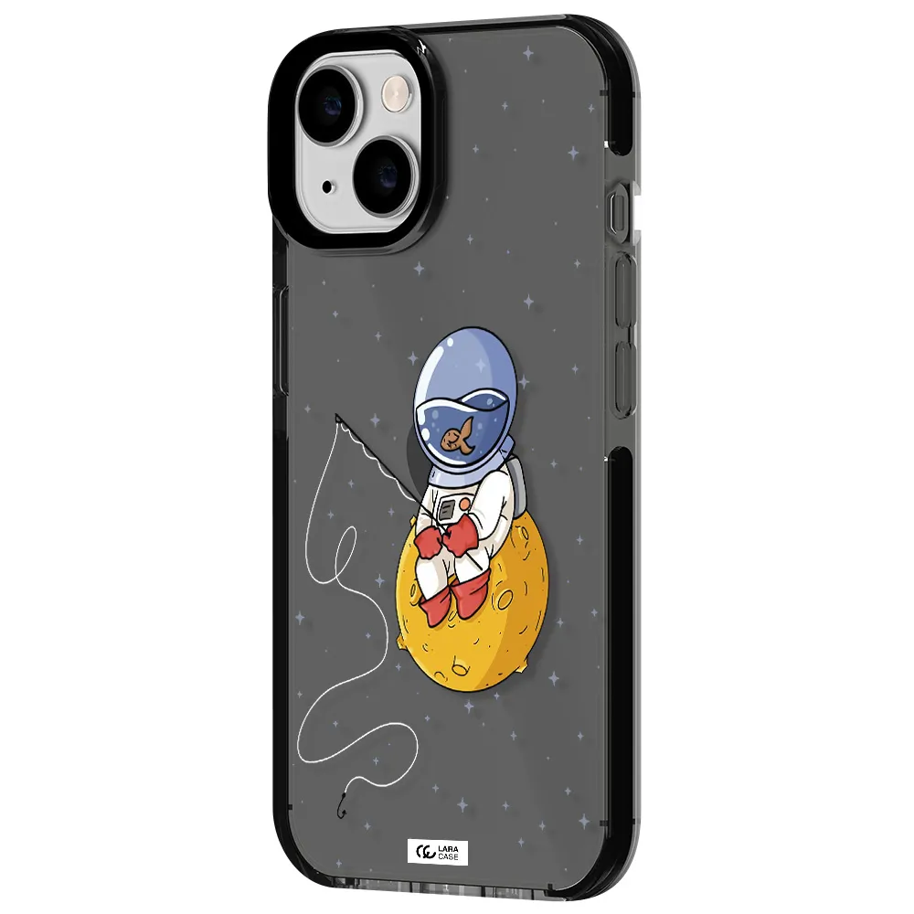 a cartoon of an astronaut sitting on a moon Apple iPhone 14 impact Smoke Black Case