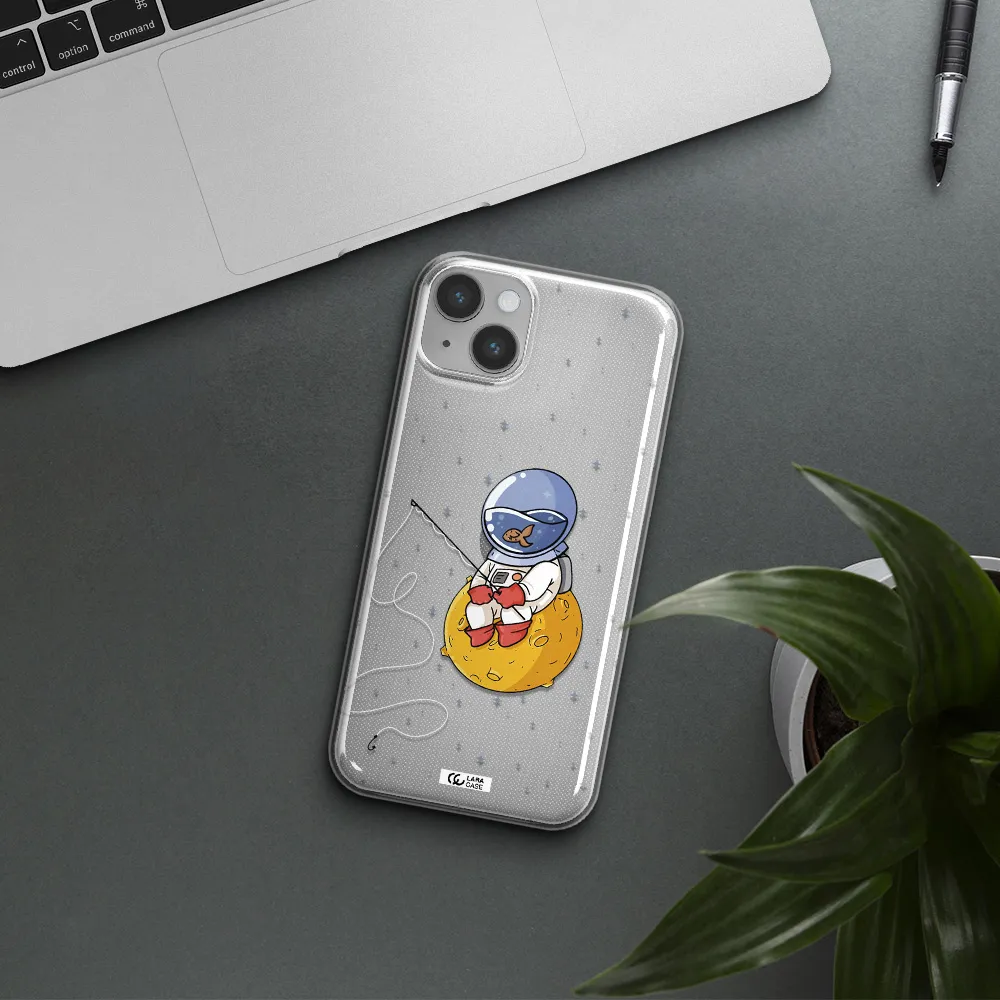 a cartoon of an astronaut sitting on a moon Apple iPhone 14 plus Clear TPU Case