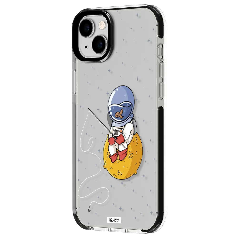 a cartoon of an astronaut sitting on a moon Apple iPhone 14 plus impact black border Case