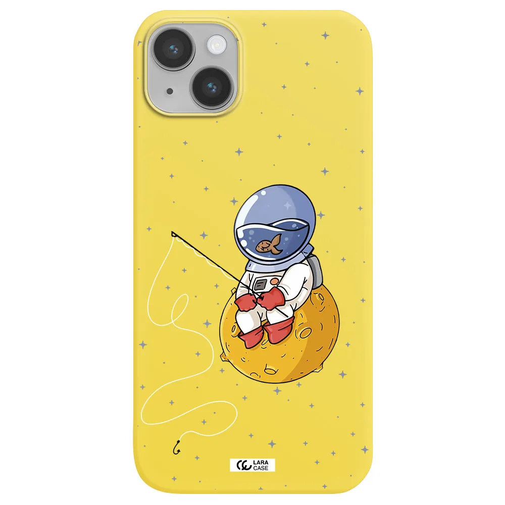 a cartoon of an astronaut sitting on a moon Apple iPhone 14 plus Silicone canary yellow Case