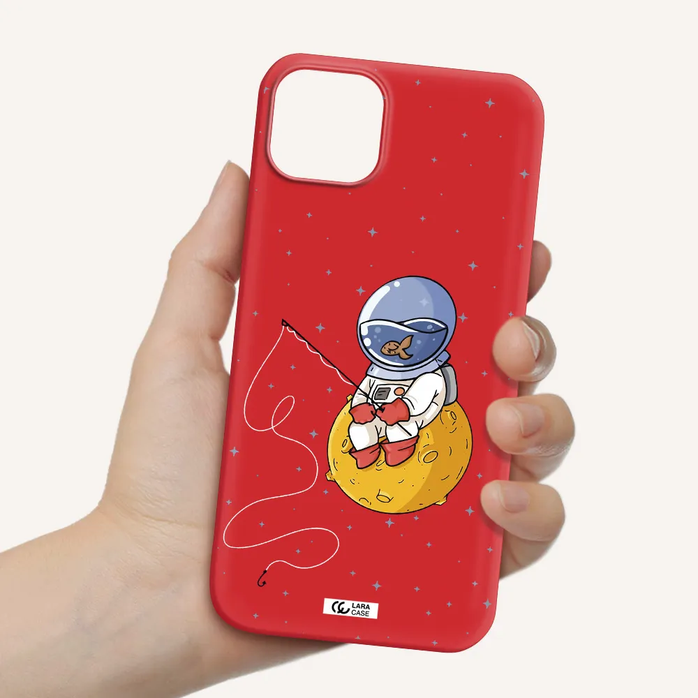a cartoon of an astronaut sitting on a moon Apple iPhone 14 plus Silicone Imperial Red Case