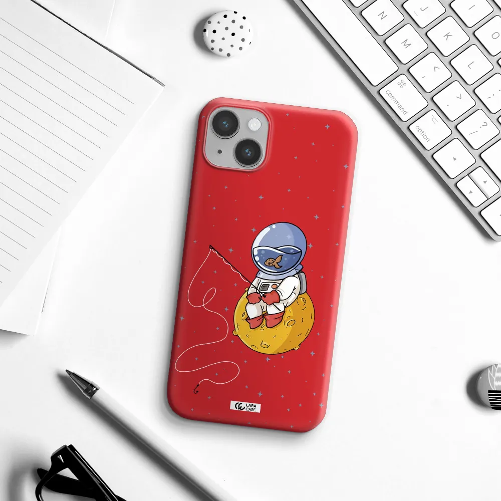 a cartoon of an astronaut sitting on a moon Apple iPhone 14 plus Silicone Imperial Red Case
