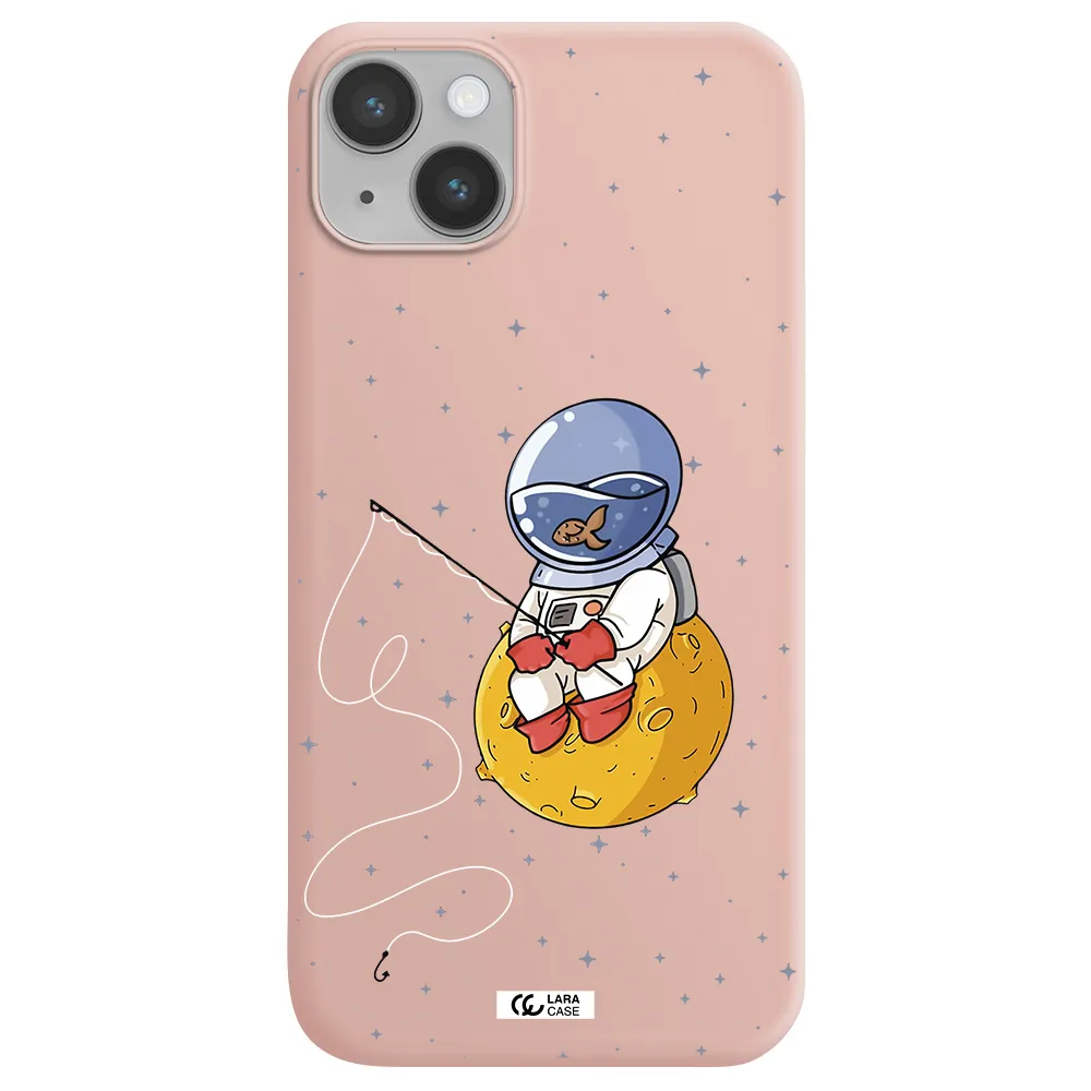 a cartoon of an astronaut sitting on a moon Apple iPhone 14 plus Silicone pastel pink Case