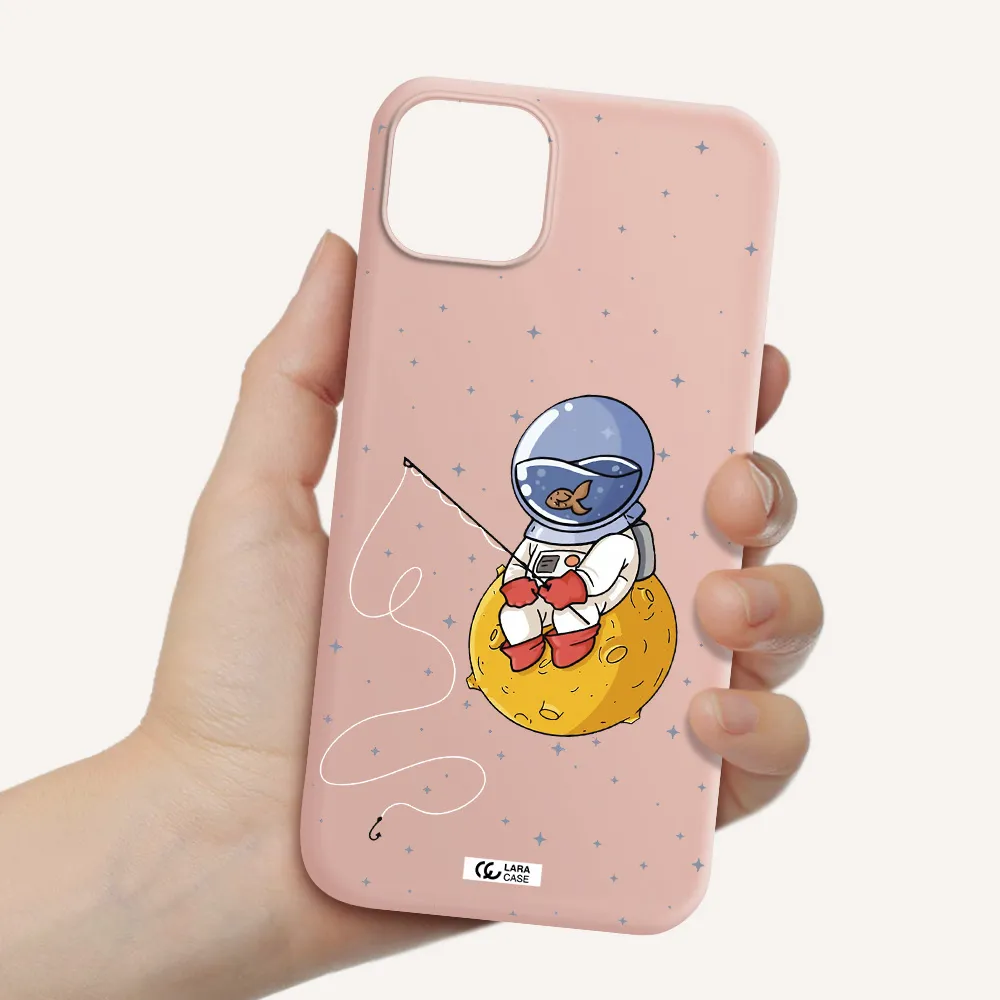 a cartoon of an astronaut sitting on a moon Apple iPhone 14 plus Silicone pastel pink Case