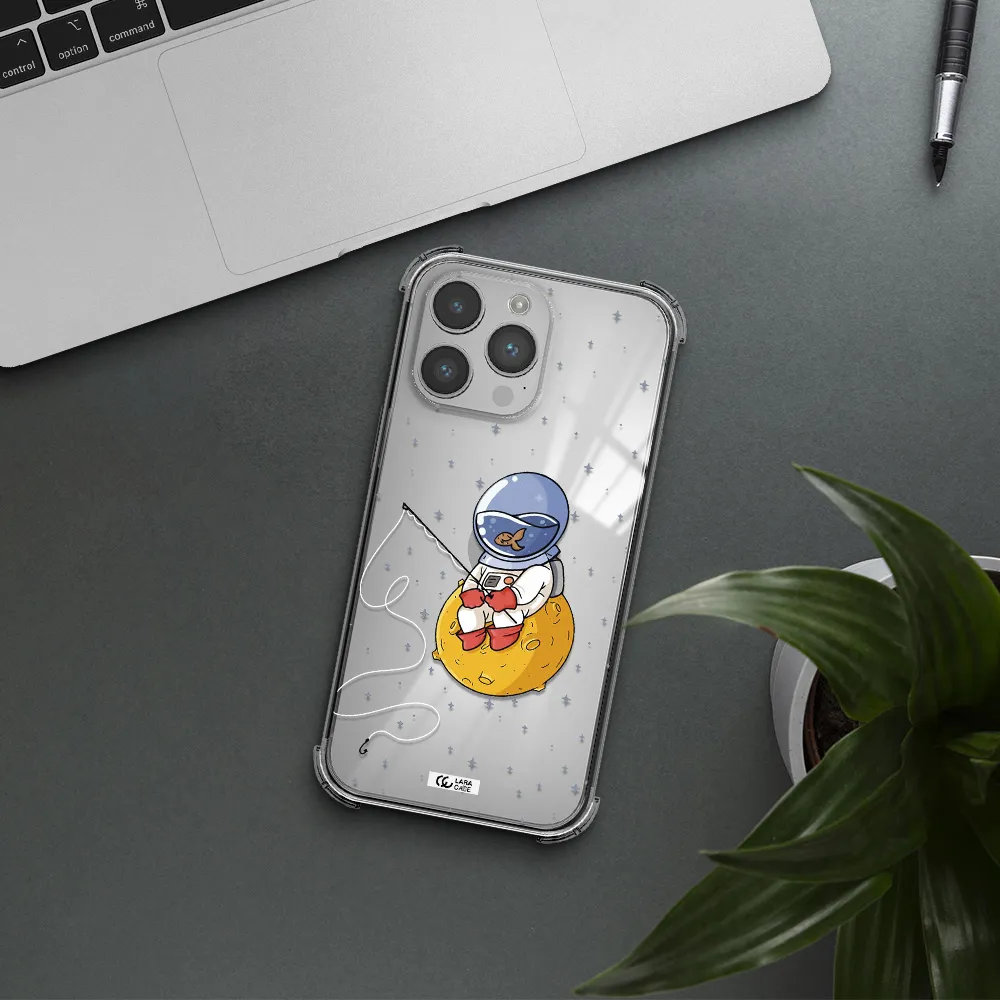 a cartoon of an astronaut sitting on a moon Apple iPhone 14 pro Clear PC Case