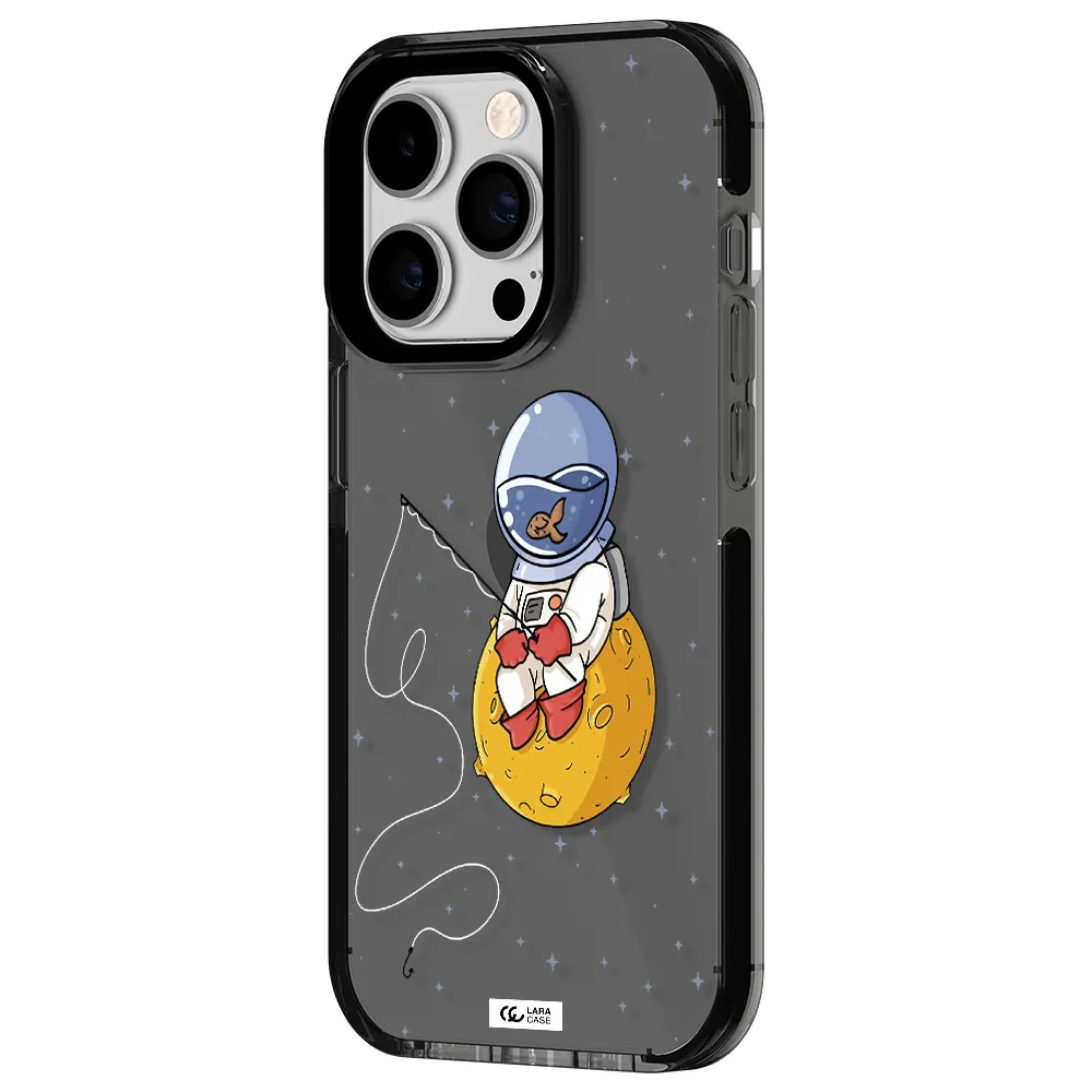 a cartoon of an astronaut sitting on a moon Apple iPhone 14 pro impact Smoke Black Case