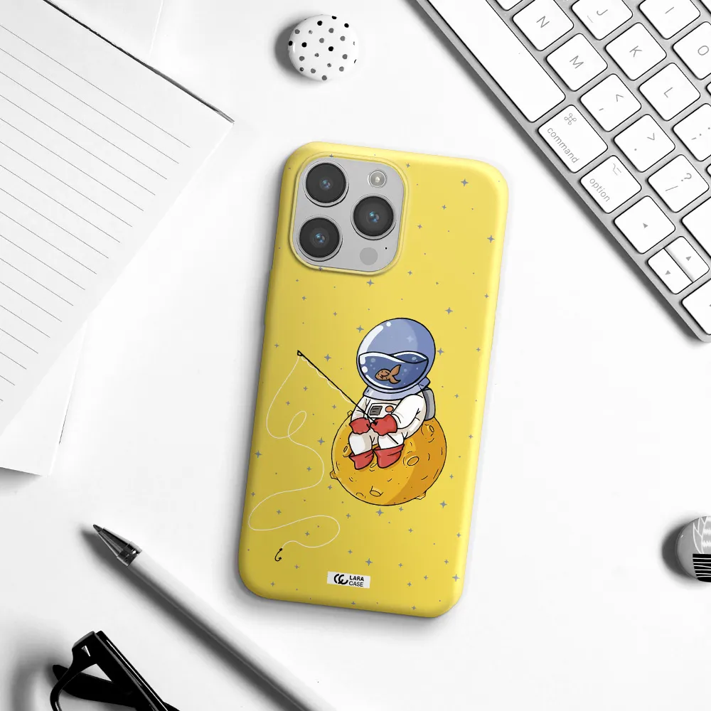 a cartoon of an astronaut sitting on a moon Apple iPhone 14 pro max Silicone canary yellow Case