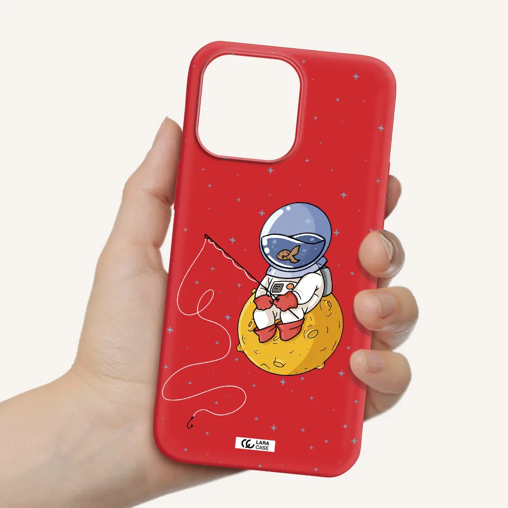 a cartoon of an astronaut sitting on a moon Apple iPhone 14 pro max Silicone Imperial Red Case