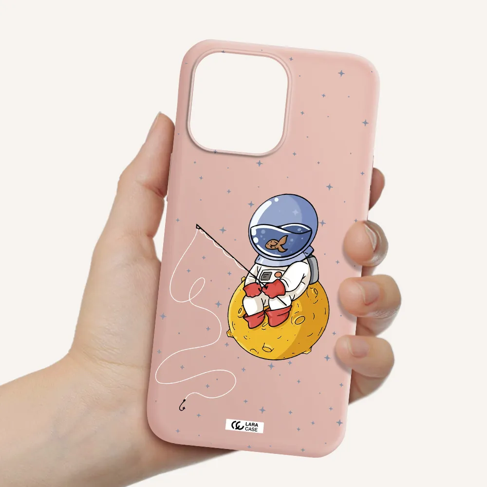 a cartoon of an astronaut sitting on a moon Apple iPhone 14 pro max Silicone pastel pink Case