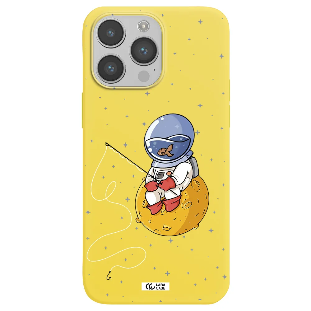 a cartoon of an astronaut sitting on a moon Apple iPhone 14 pro Silicone canary yellow Case