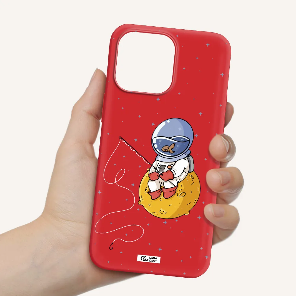 a cartoon of an astronaut sitting on a moon Apple iPhone 14 pro Silicone Imperial Red Case