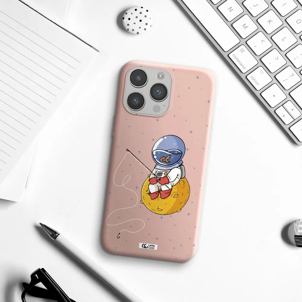 a cartoon of an astronaut sitting on a moon Apple iPhone 14 pro Silicone pastel pink Case