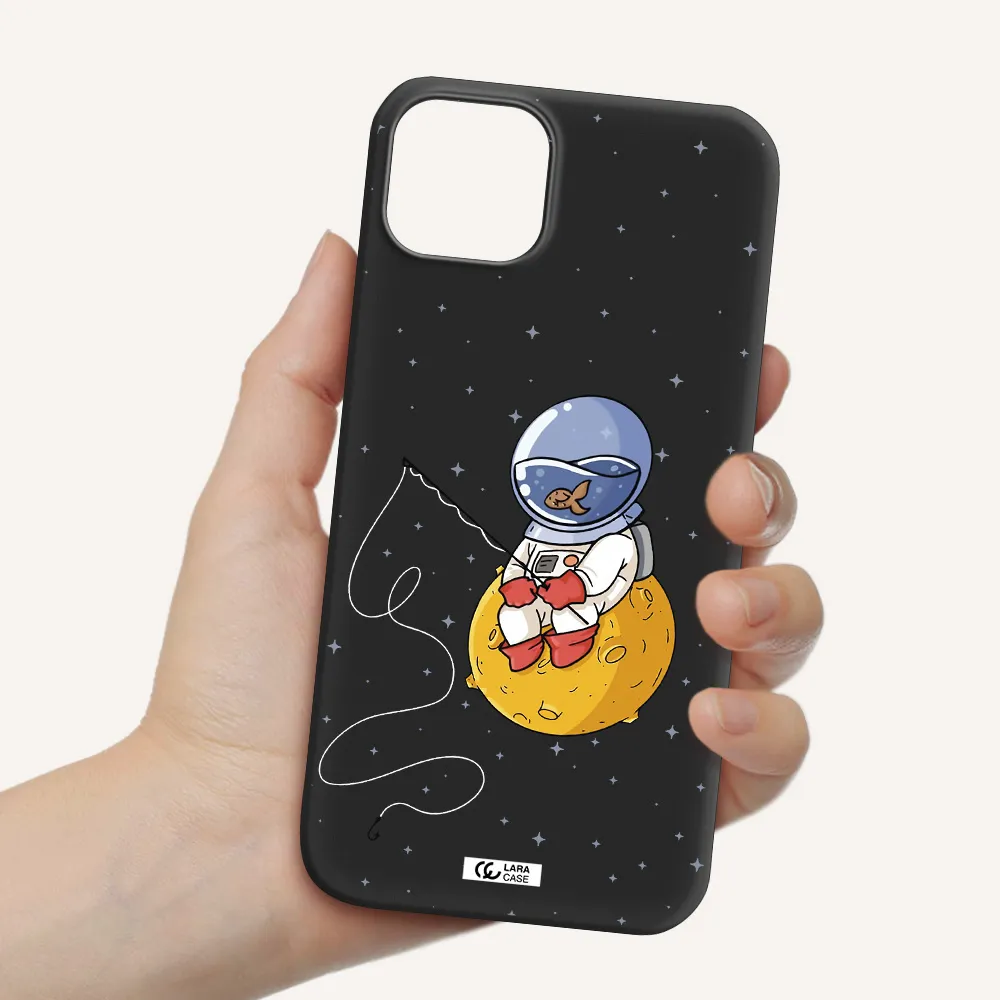 a cartoon of an astronaut sitting on a moon Apple iPhone 14 Silicone black Case