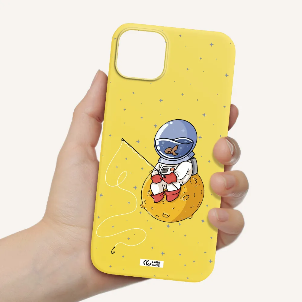 a cartoon of an astronaut sitting on a moon Apple iPhone 14 Silicone canary yellow Case