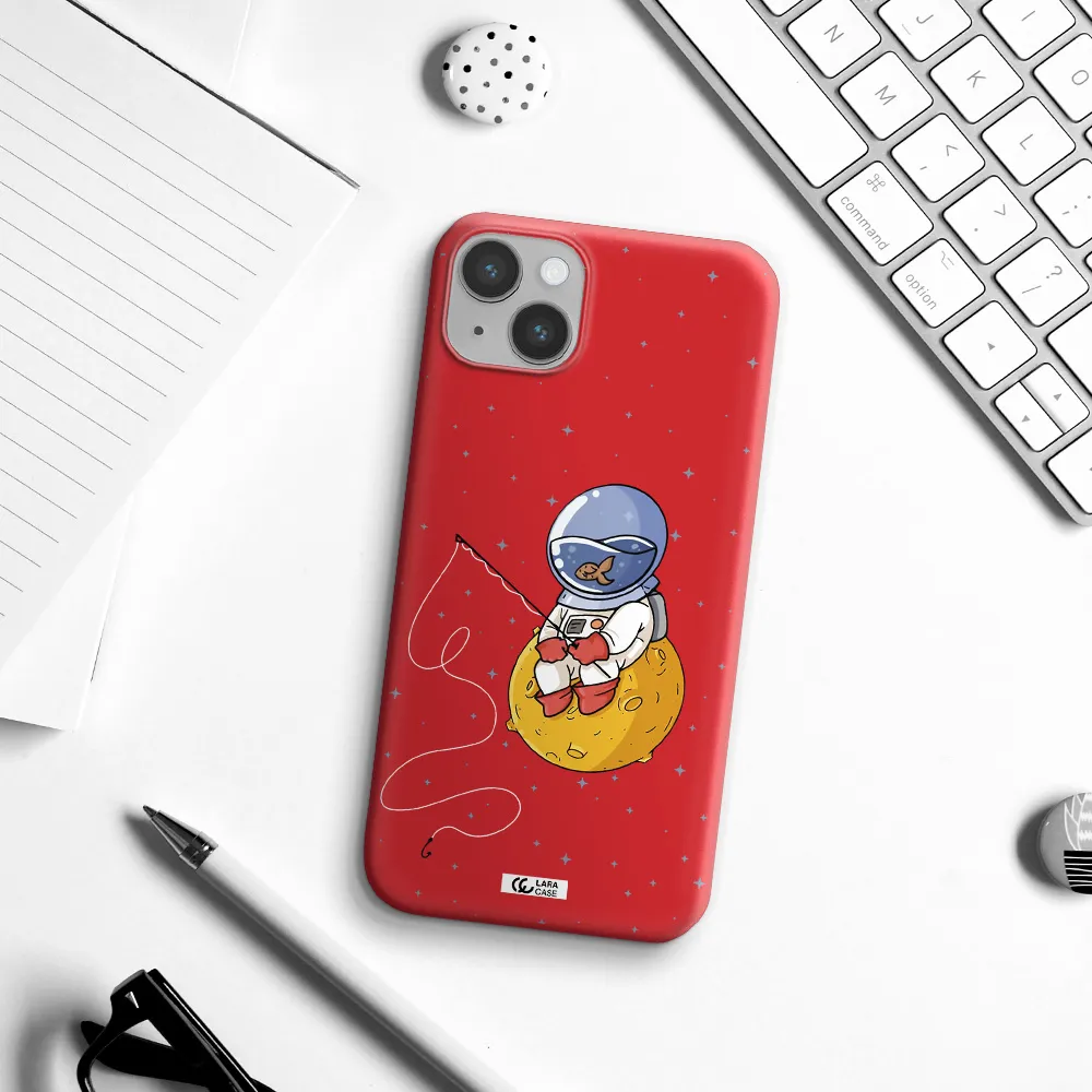 a cartoon of an astronaut sitting on a moon Apple iPhone 14 Silicone Imperial Red Case