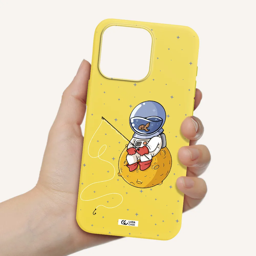 a cartoon of an astronaut sitting on a moon Apple Iphone 15 Pro max Silicone canary yellow Case