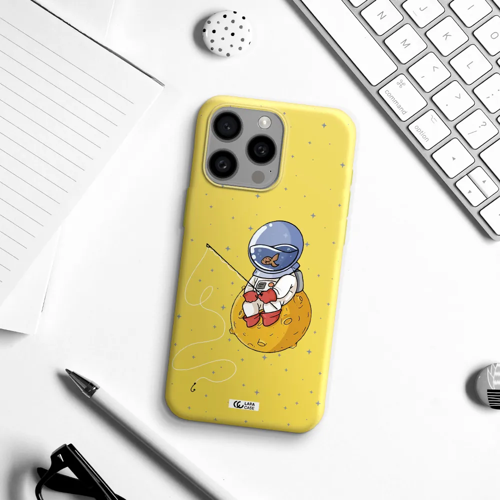 a cartoon of an astronaut sitting on a moon Apple Iphone 15 Pro max Silicone canary yellow Case