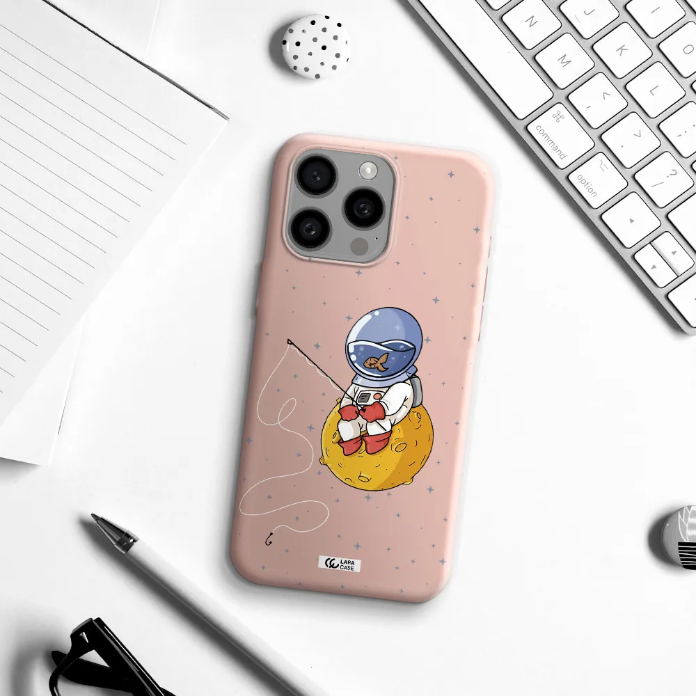 a cartoon of an astronaut sitting on a moon Apple Iphone 15 Pro max Silicone pastel pink Case