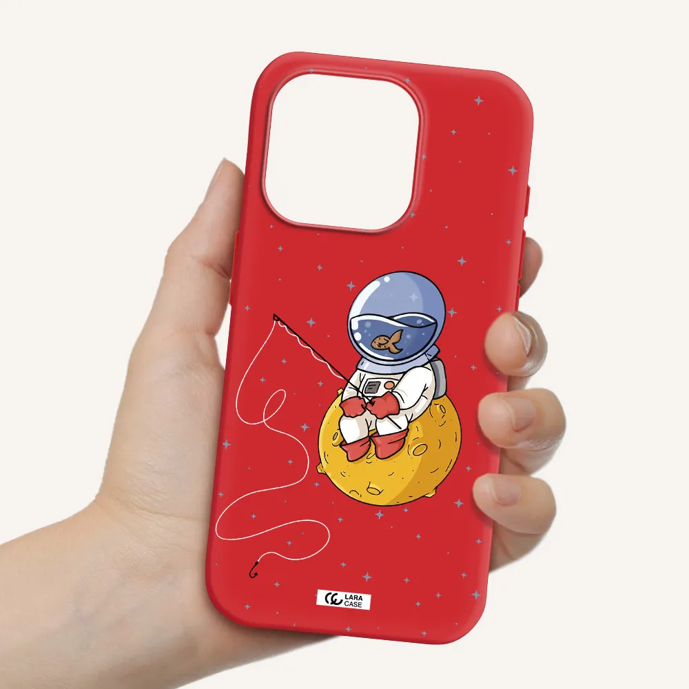 A Cartoon Of An Astronaut Sitting On A Moon Apple Iphone 15 Pro Silicone Imperial Red Case