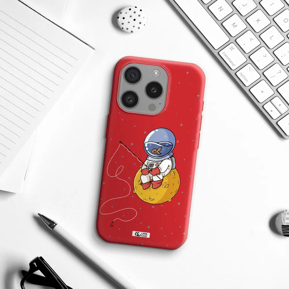 A Cartoon Of An Astronaut Sitting On A Moon Apple Iphone 15 Pro Silicone Imperial Red Case