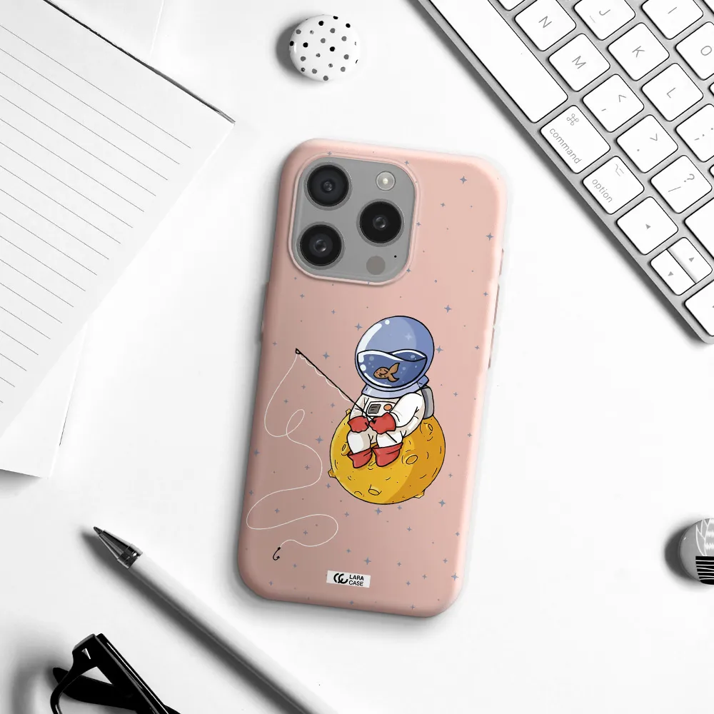 A Cartoon Of An Astronaut Sitting On A Moon Apple Iphone 15 Pro Silicone Pastel Pink Case