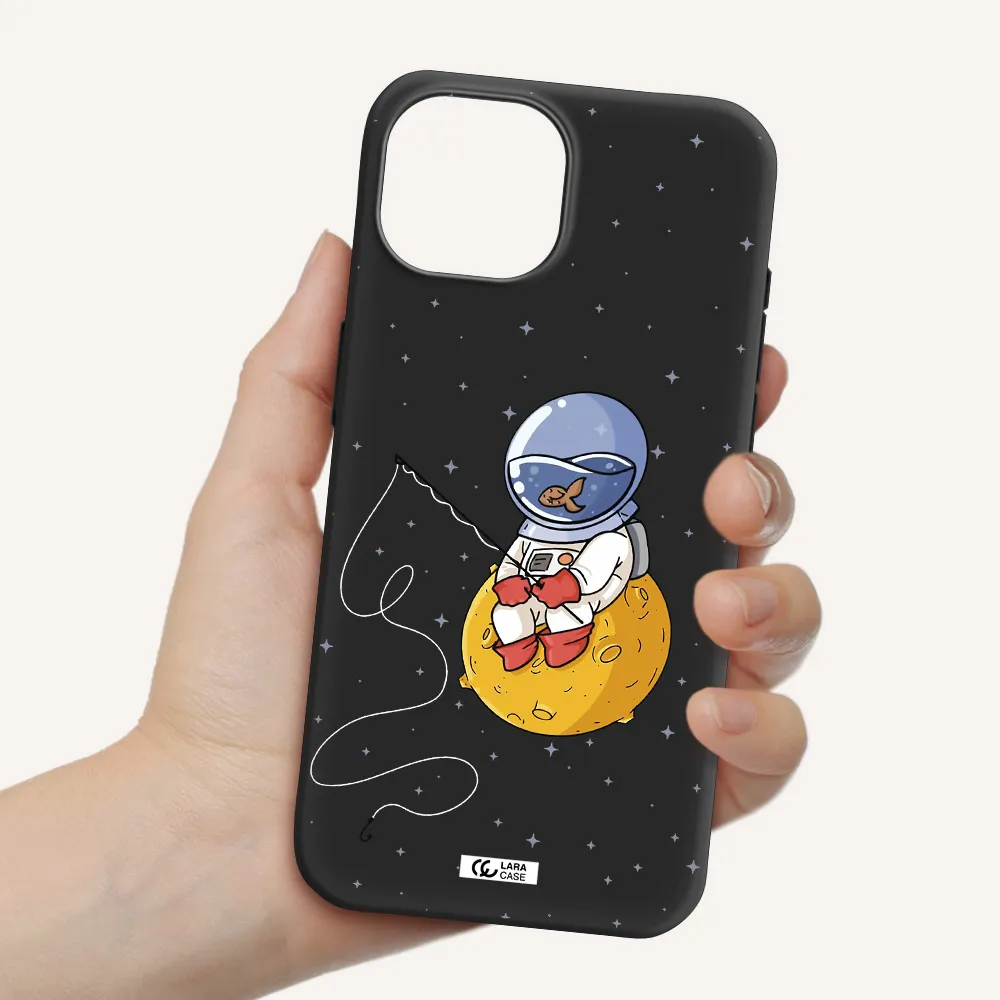 a cartoon of an astronaut sitting on a moon Apple iPhone 15 Silicone black Case