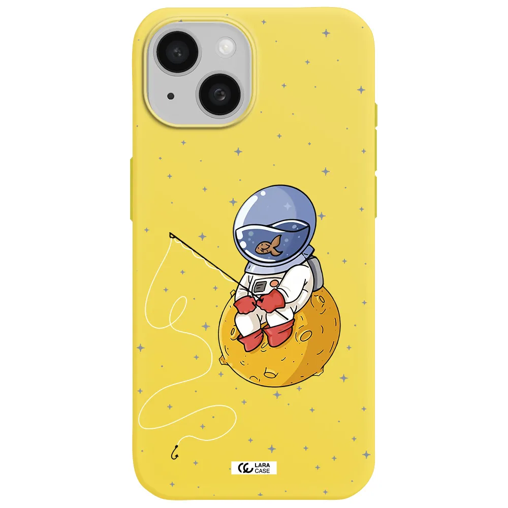 a cartoon of an astronaut sitting on a moon Apple iPhone 15 Silicone canary yellow Case