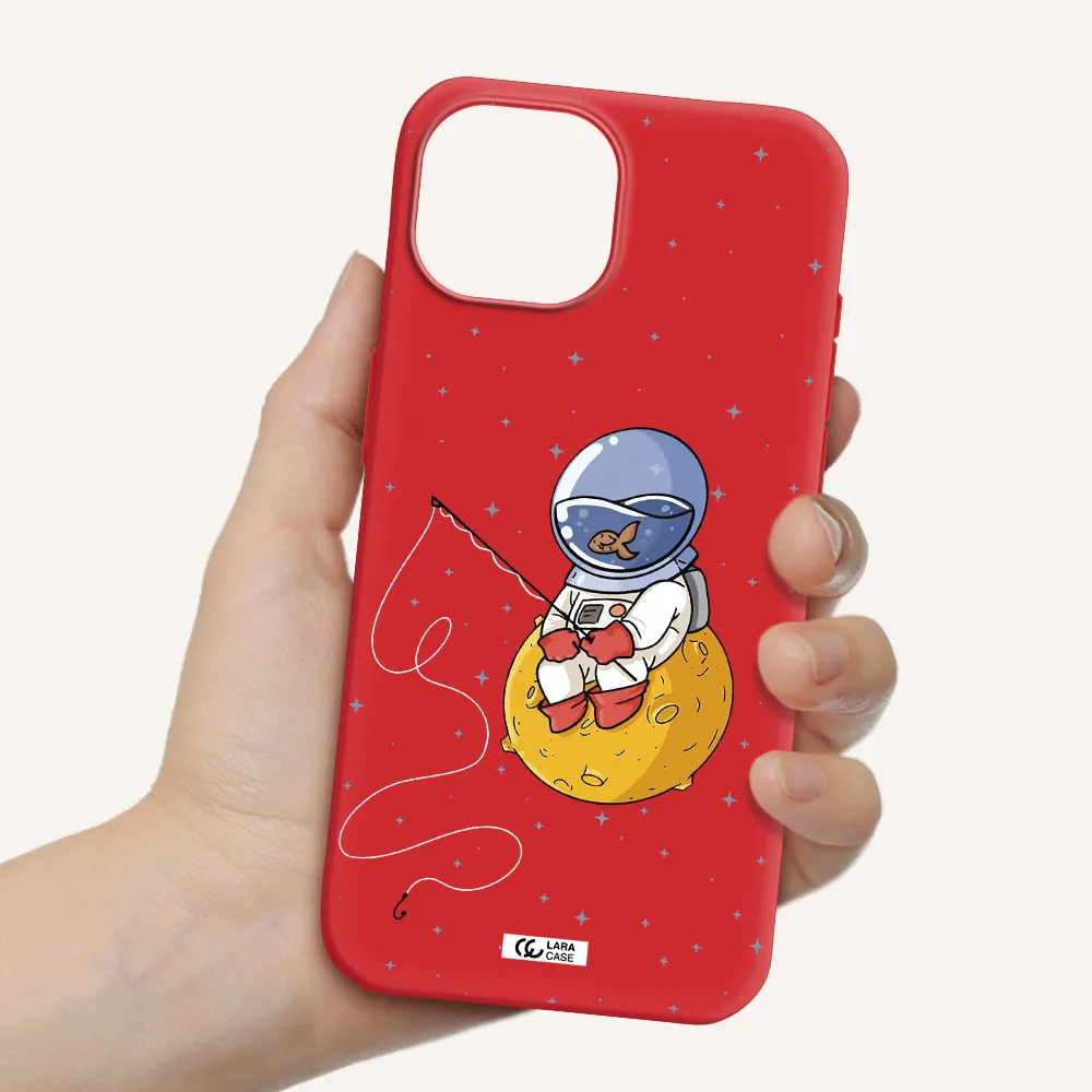 A Cartoon Of An Astronaut Sitting On A Moon Apple Iphone 15 Silicone Imperial Red Case