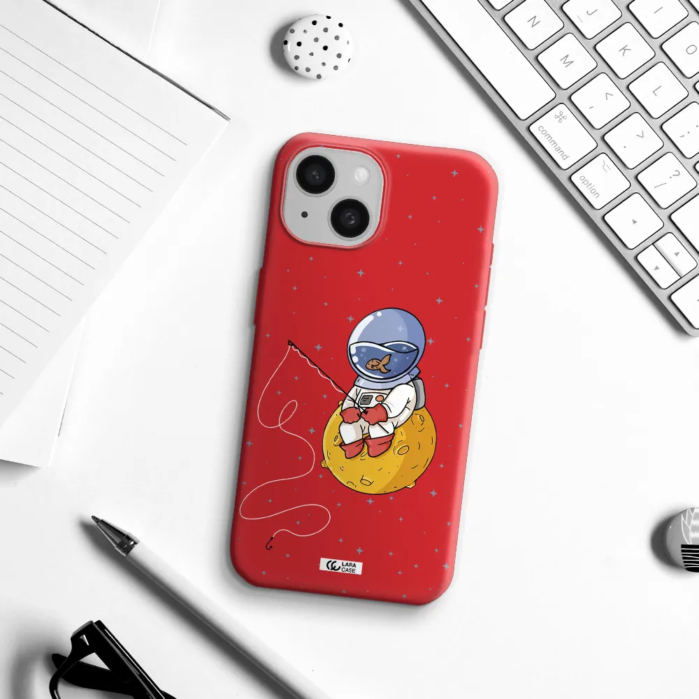 A Cartoon Of An Astronaut Sitting On A Moon Apple Iphone 15 Silicone Imperial Red Case
