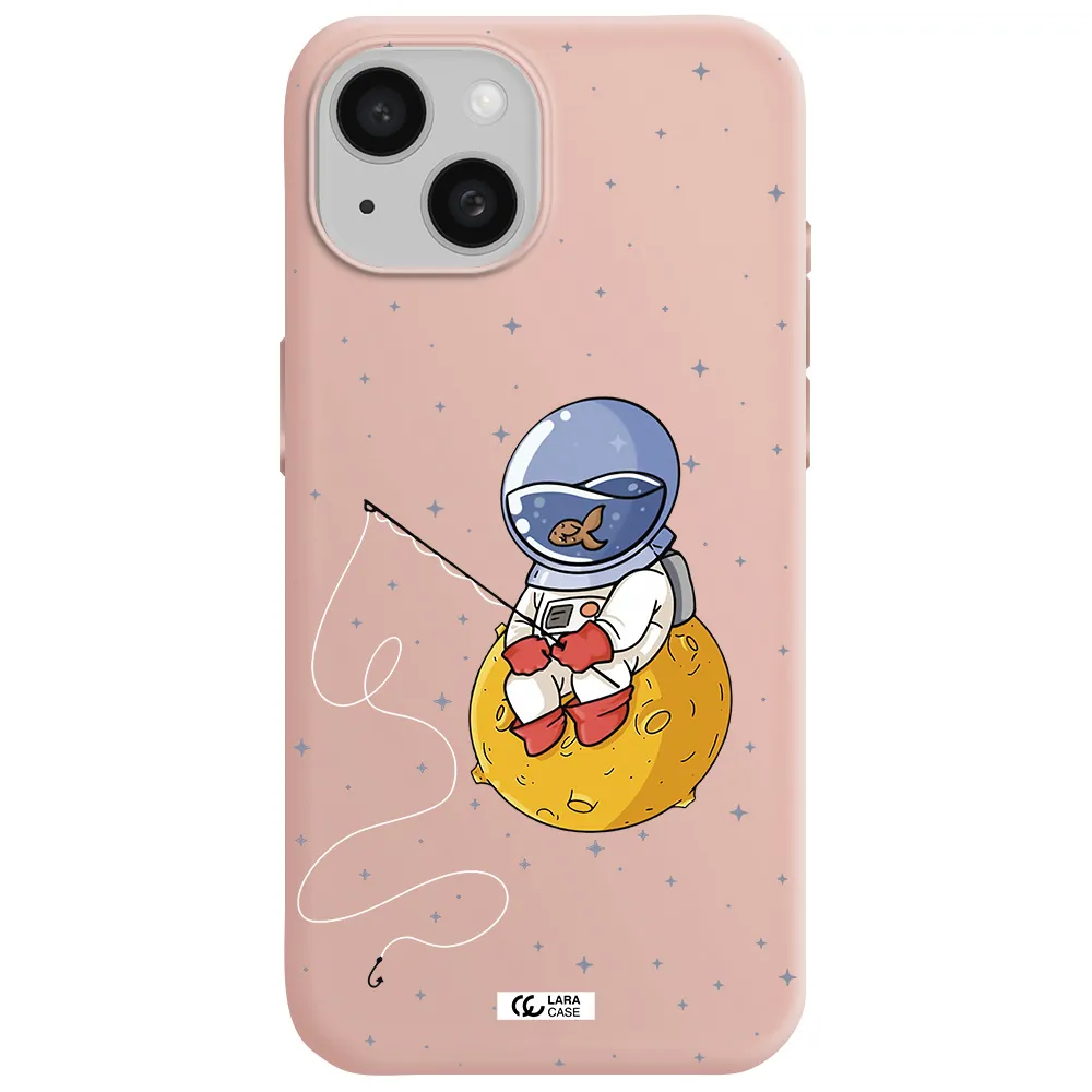 A Cartoon Of An Astronaut Sitting On A Moon Apple Iphone 15 Silicone Pastel Pink Case
