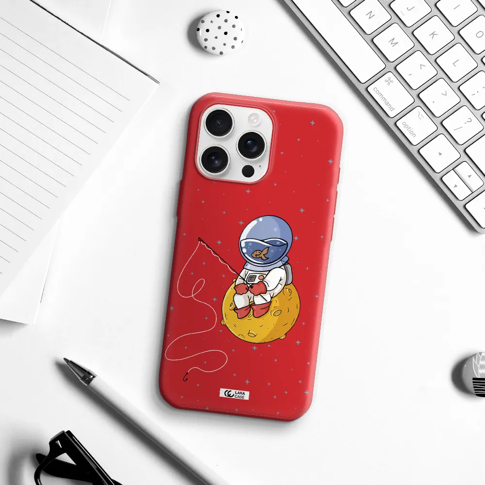 A Cartoon Of An Astronaut Sitting On A Moon Apple Iphone 16 Pro Max Silicone Imperial Red Case