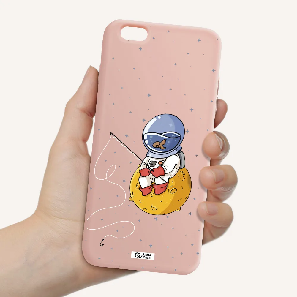 a cartoon of an astronaut sitting on a moon Apple iPhone 6 plus Silicone pastel pink Case