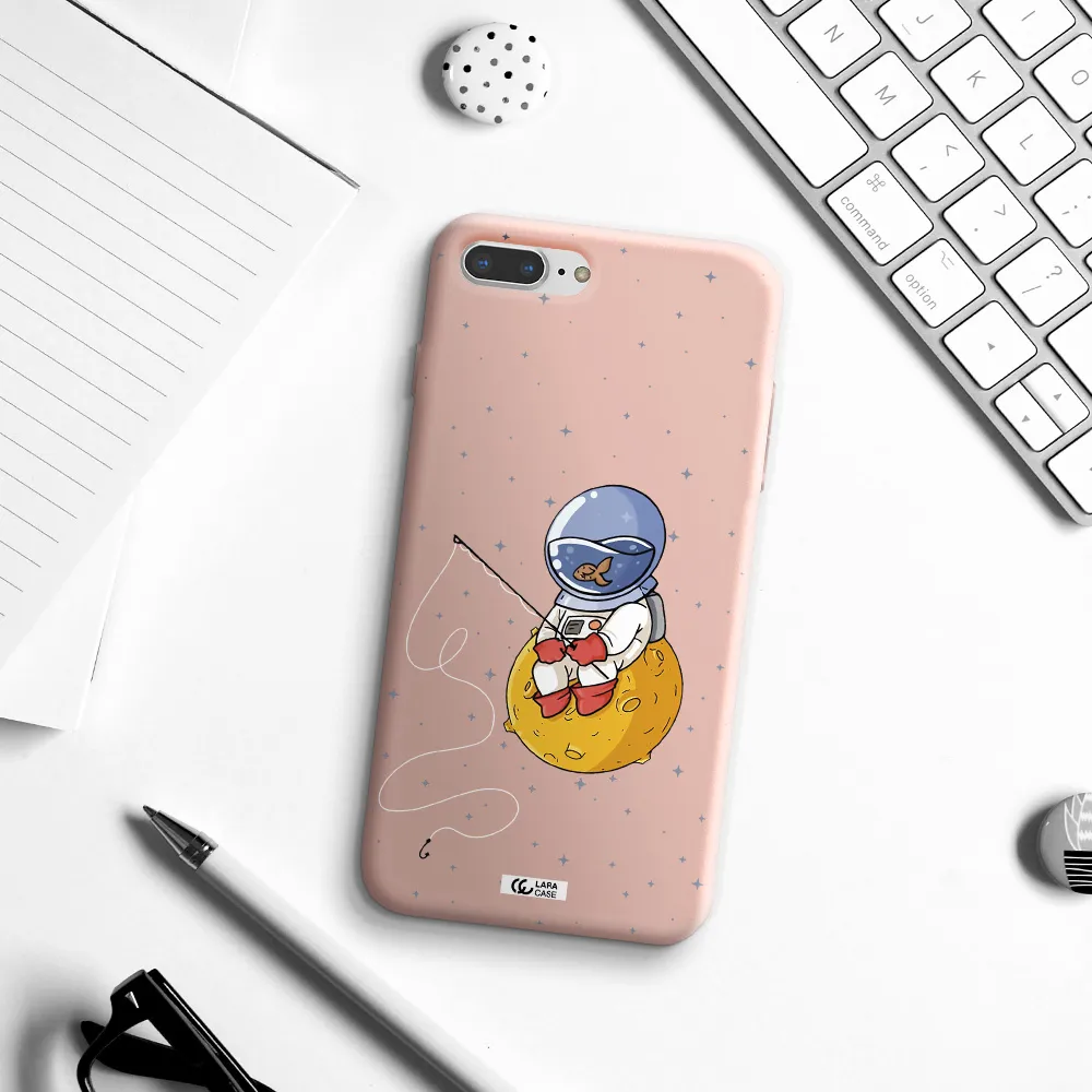 a cartoon of an astronaut sitting on a moon Apple iPhone 7 plus Silicone pastel pink Case