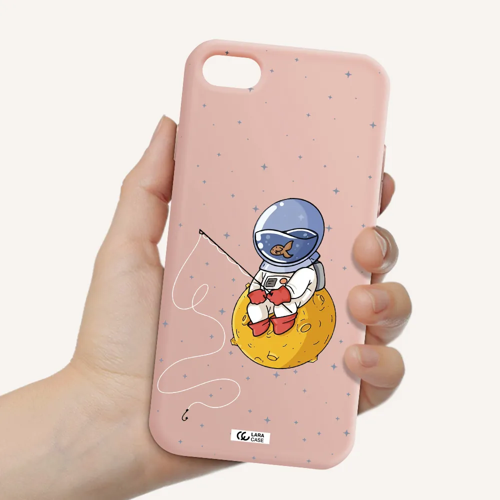 a cartoon of an astronaut sitting on a moon Apple iPhone 7 Silicone pastel pink Case