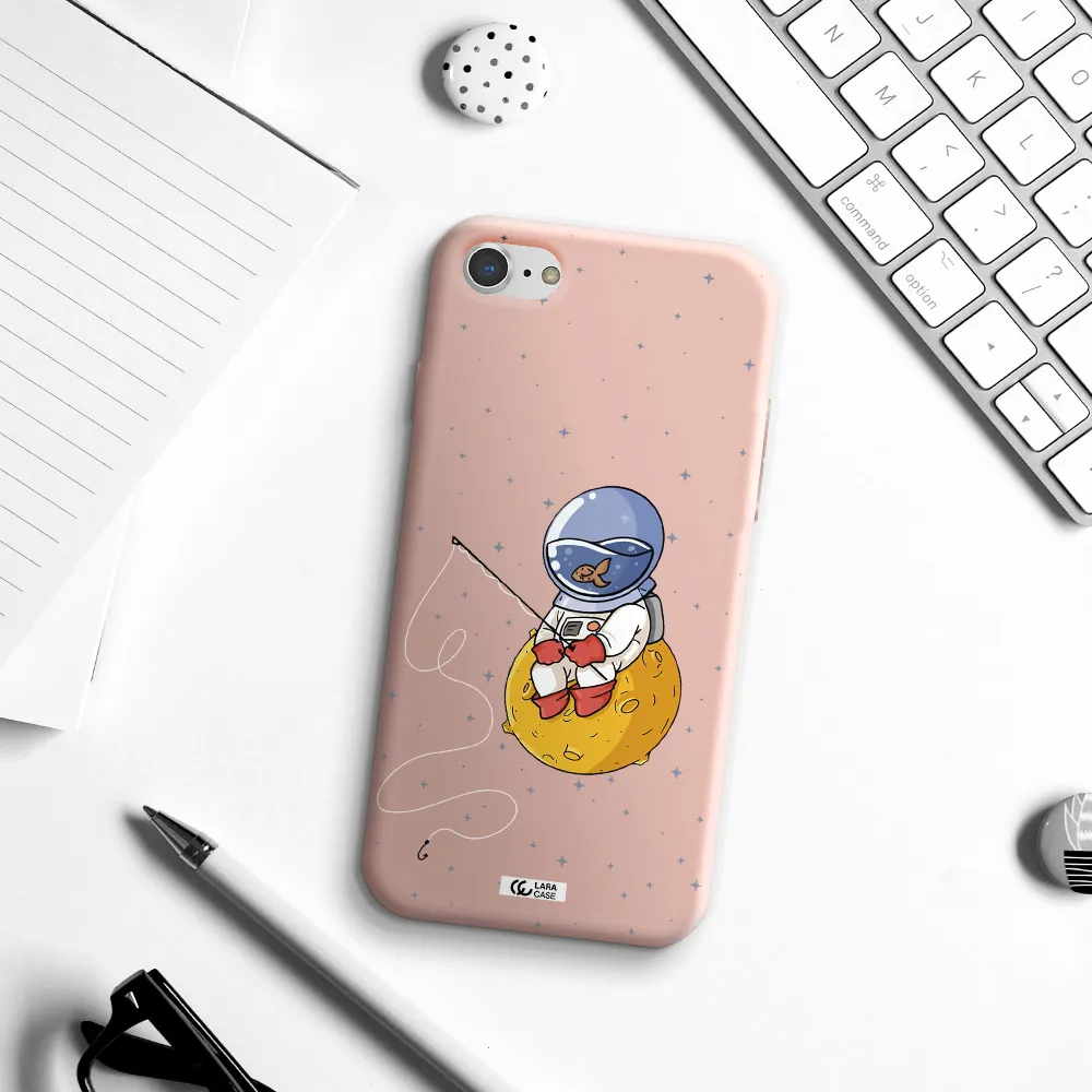 a cartoon of an astronaut sitting on a moon Apple iPhone 7 Silicone pastel pink Case
