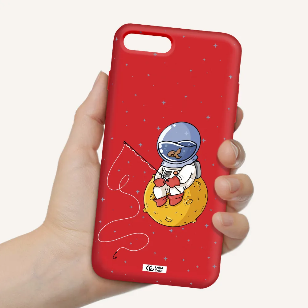 a cartoon of an astronaut sitting on a moon Apple iPhone 8 plus Silicone Imperial Red Case