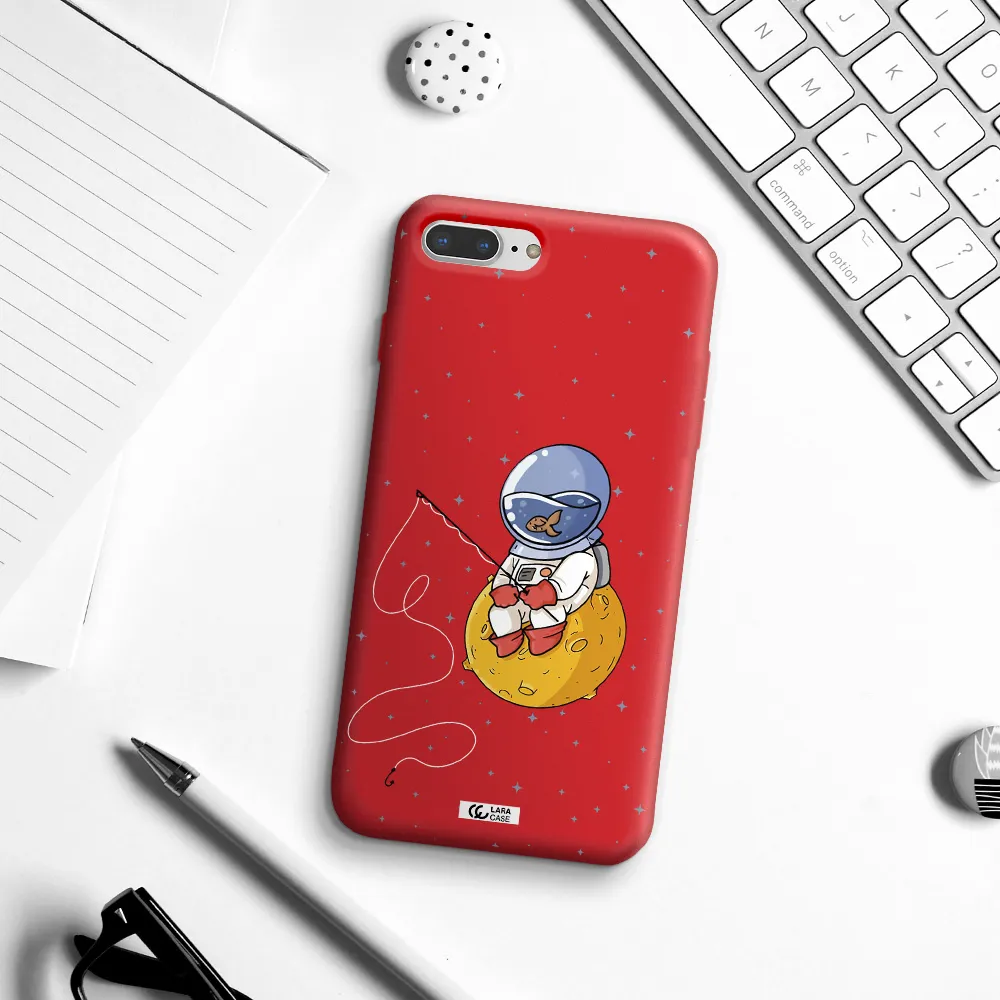 a cartoon of an astronaut sitting on a moon Apple iPhone 8 plus Silicone Imperial Red Case