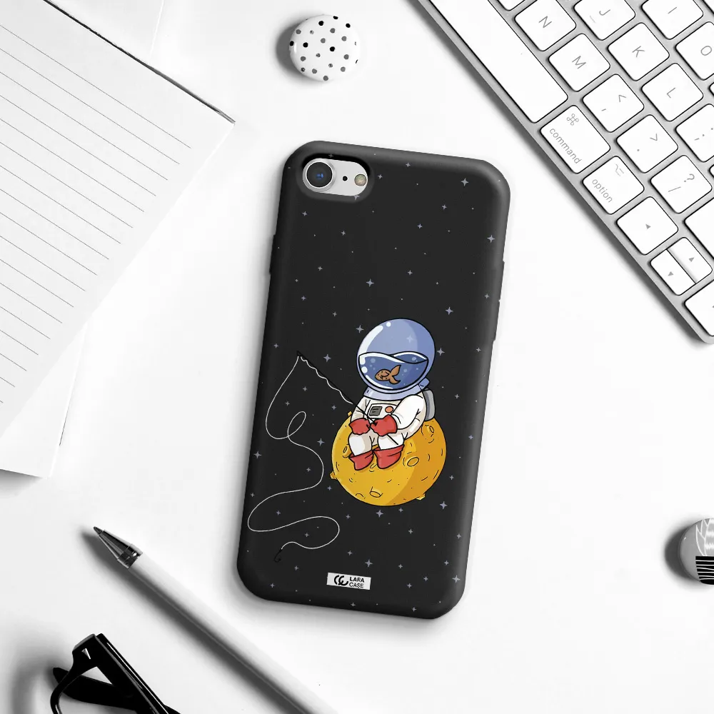 a cartoon of an astronaut sitting on a moon Apple iPhone 8 Silicone black Case