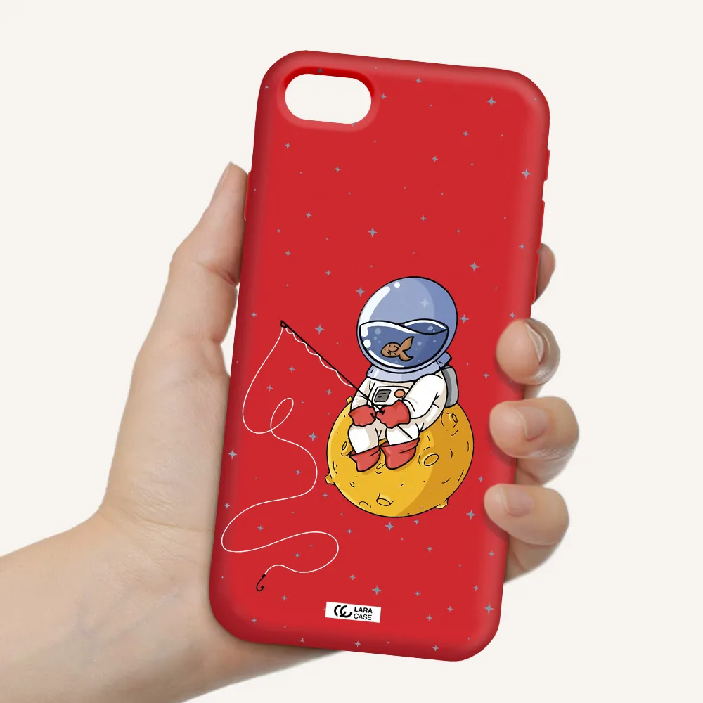 a cartoon of an astronaut sitting on a moon Apple iPhone se 2020 Silicone Imperial Red Case
