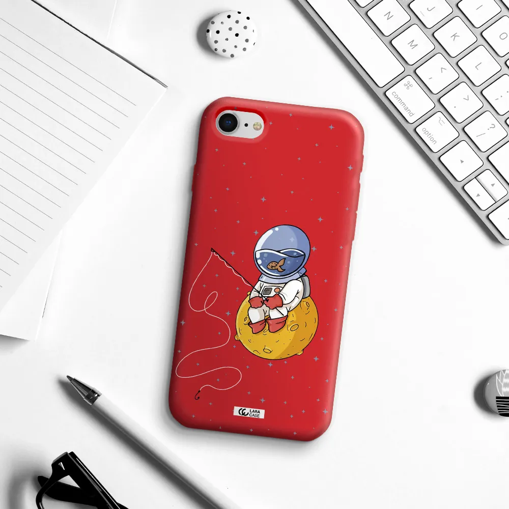 a cartoon of an astronaut sitting on a moon Apple iPhone se 2020 Silicone Imperial Red Case