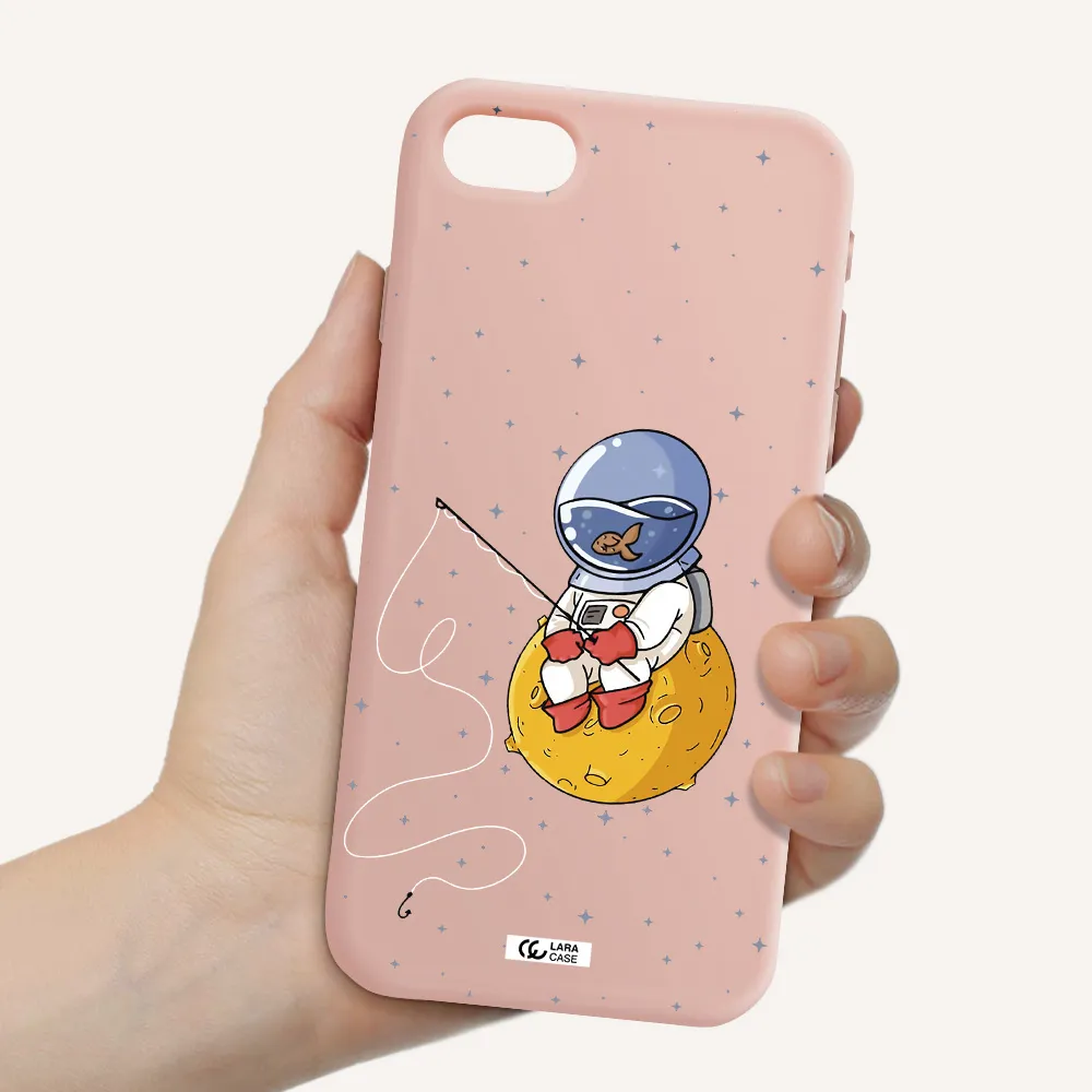 a cartoon of an astronaut sitting on a moon Apple iPhone se 2020 Silicone pastel pink Case