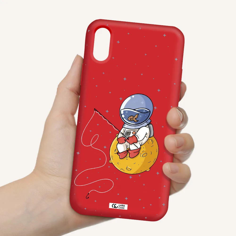 a cartoon of an astronaut sitting on a moon Apple iPhone X Silicone Imperial Red Case