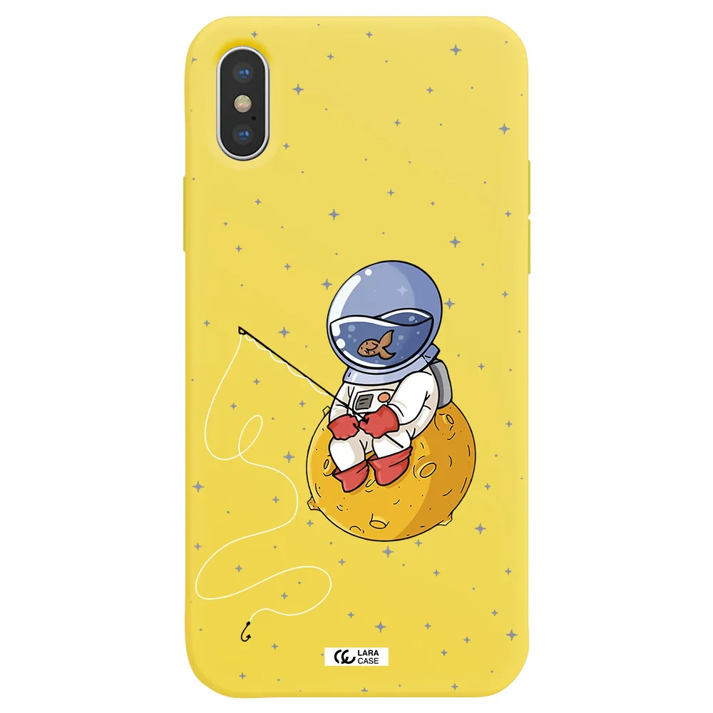 a cartoon of an astronaut sitting on a moon Apple iPhone XS Silicone canary yellow Case