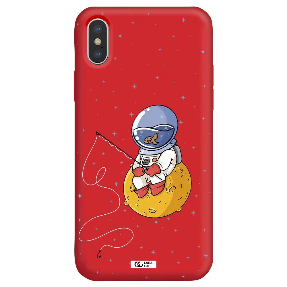 a cartoon of an astronaut sitting on a moon Apple iPhone XS Silicone Imperial Red Case