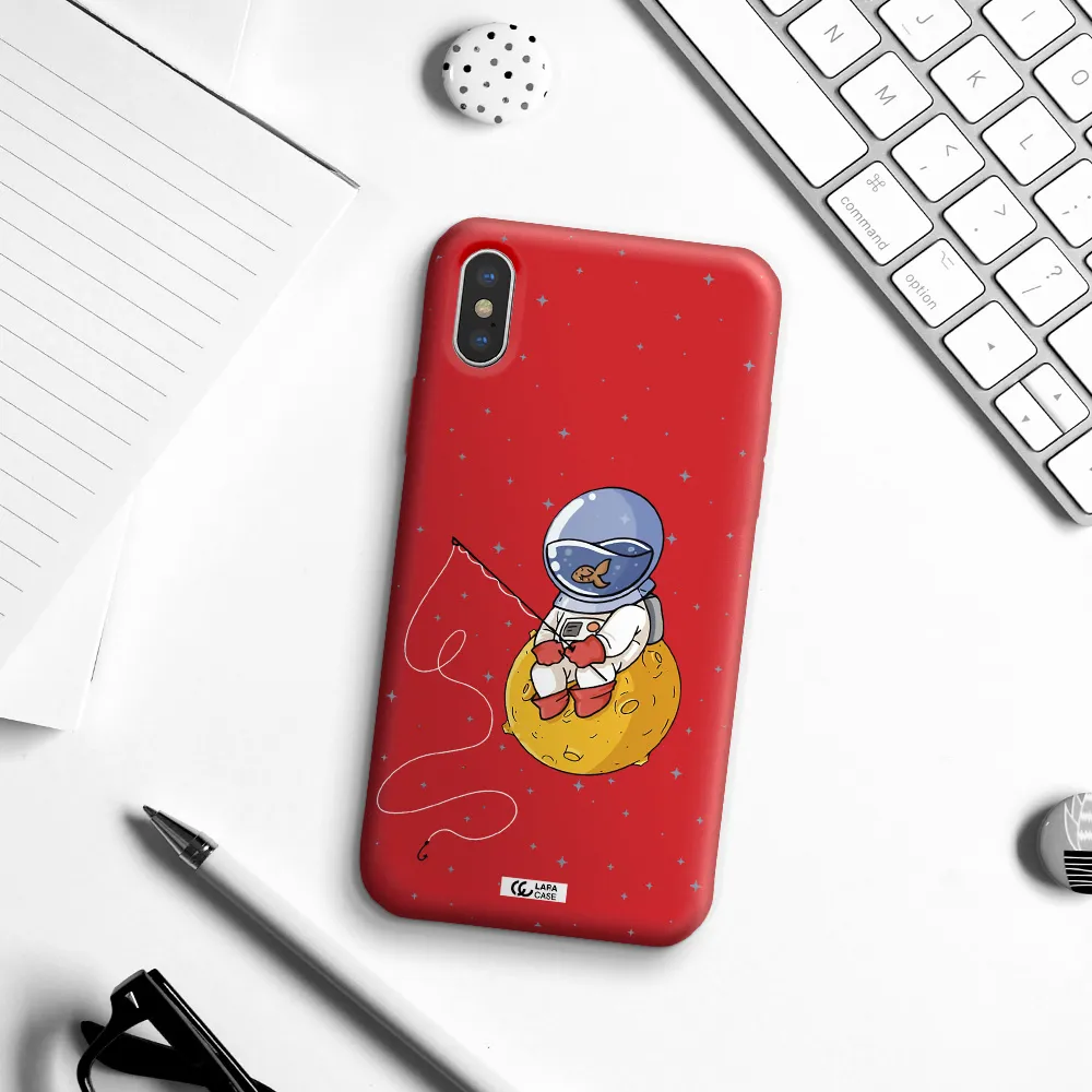 a cartoon of an astronaut sitting on a moon Apple iPhone XS Silicone Imperial Red Case