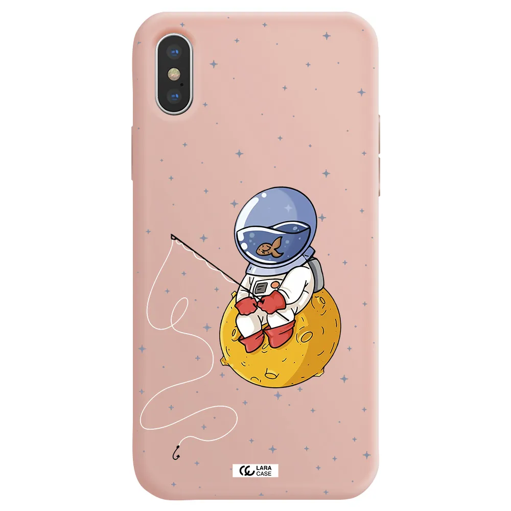 a cartoon of an astronaut sitting on a moon Apple iPhone XS Silicone pastel pink Case