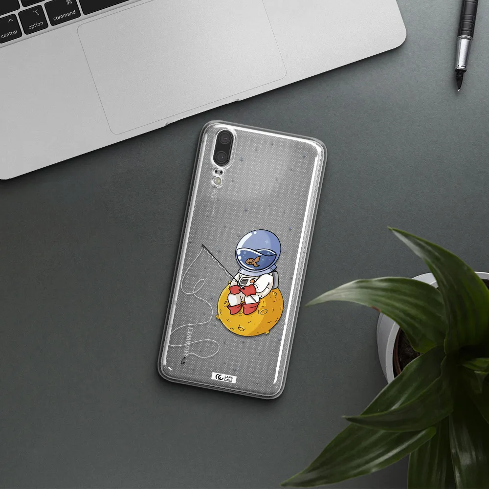 a cartoon of an astronaut sitting on a moon Huawei P20 Clear TPU Case