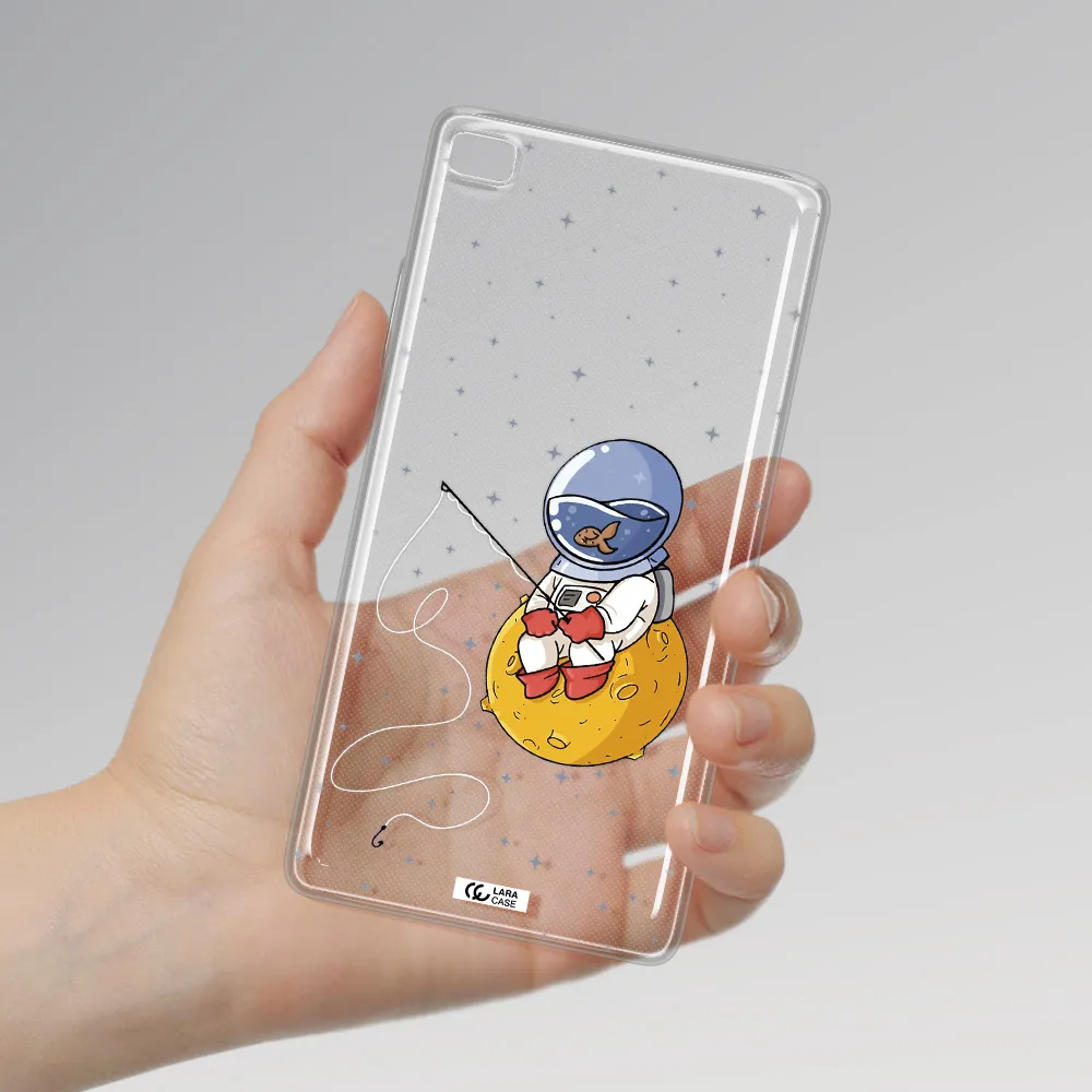 a cartoon of an astronaut sitting on a moon Huawei P8 Clear TPU Case